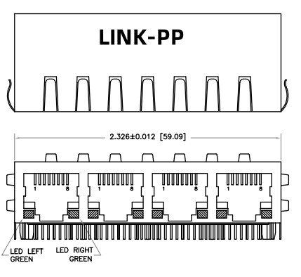 HFJ14-1G01ER-L11RL 1x4 RJ45 Fastjack con 1000base-T Magnetics