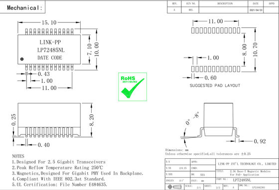 Base-t PoE+ Lan Magnetic Modules LP72485NL di QT24A154P 2.5G