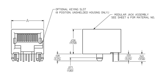 432026101 PWB Jack Right Angle Tab Down modulare del porto di 6p6c 1X1 NESSUN LED